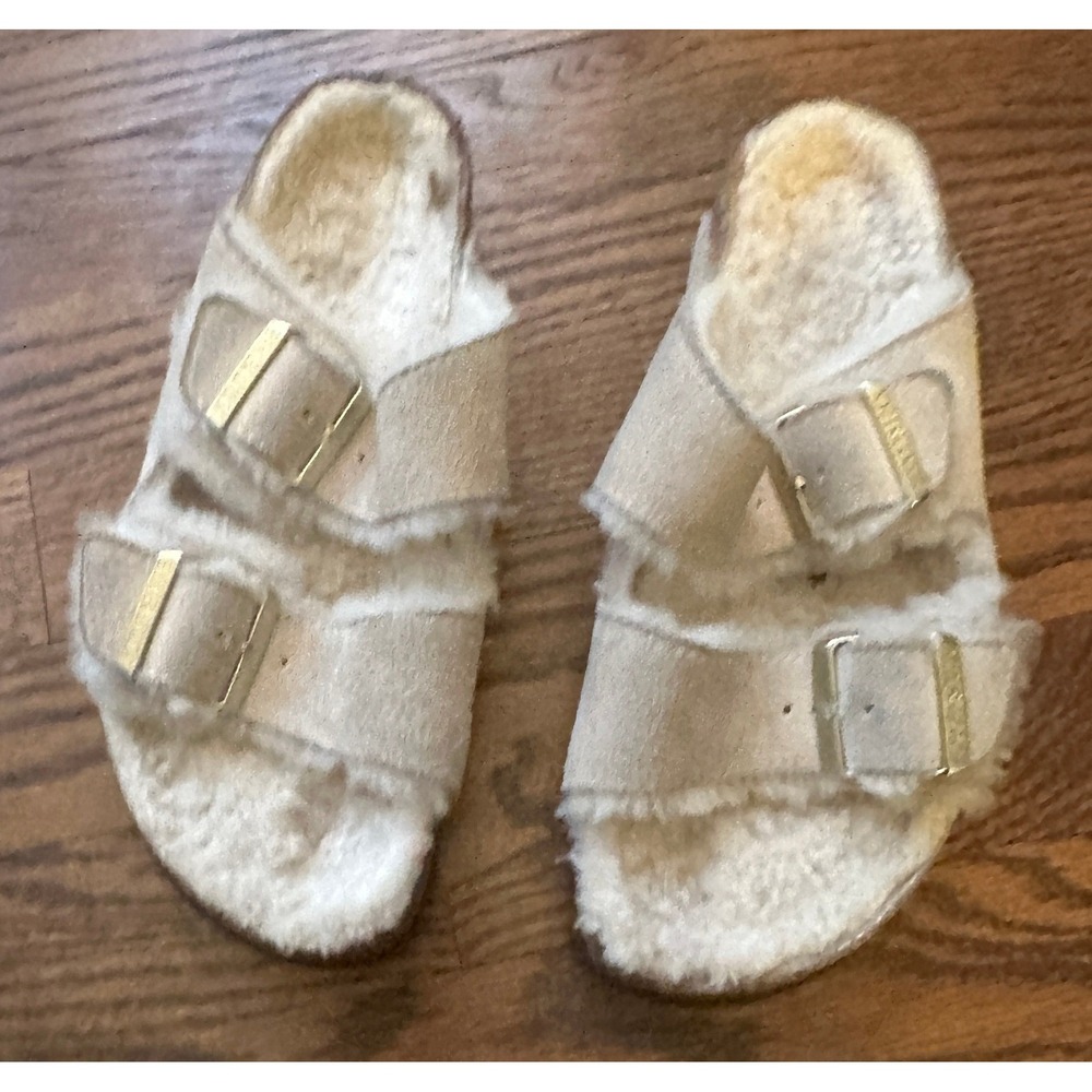 Birkenstock Arizona Women 39 Cream Shearling Slide Suede Sandal Cork Buckle Cozy